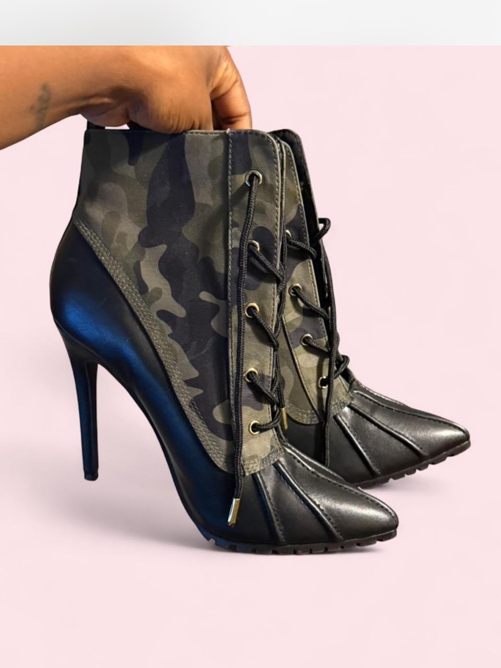 Camo Panel Lace-Up Stiletto Ankle Boots - Black